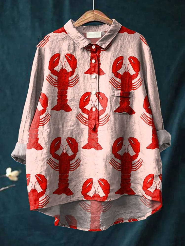 Decorative Pattern Of Red Lobsters Arranged On Pink Background Casual Cotton And Linen Shirt 4951