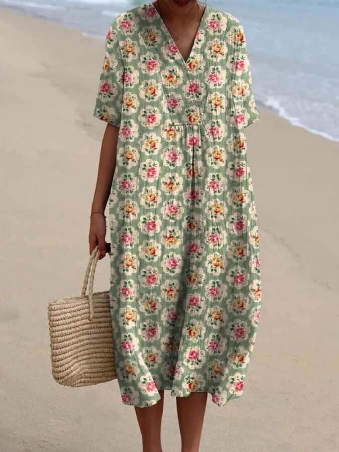 Women's Vintage Floral Art Print Casual Flowy Dress b11e