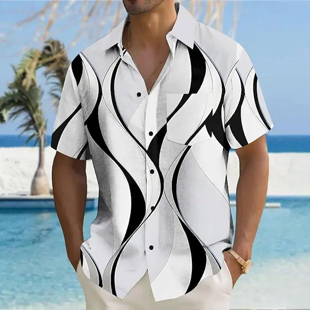 4 PACK-Geometric Lines / Waves Hawaiian Resort Men's Printed Shirts Party Causal Daily Summer Turndown Short Sleeve Black, White, Blue S, M, L Polyester Shirt
