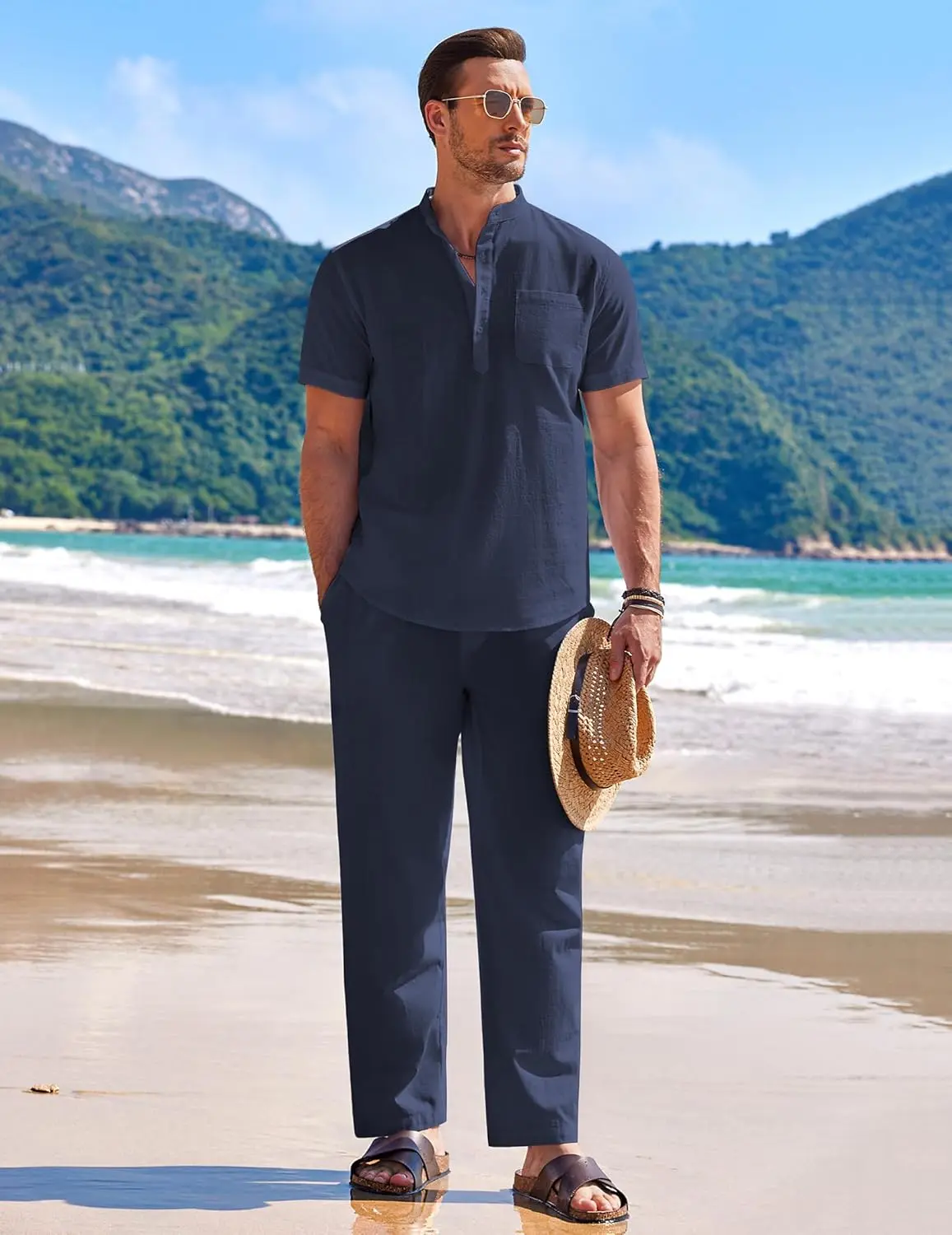 10 Pack-Men's 2 Pieces Cotton Linen Set Casual Short Sleeve Henley Shirts Beach Yoga Pants Summer Outfits