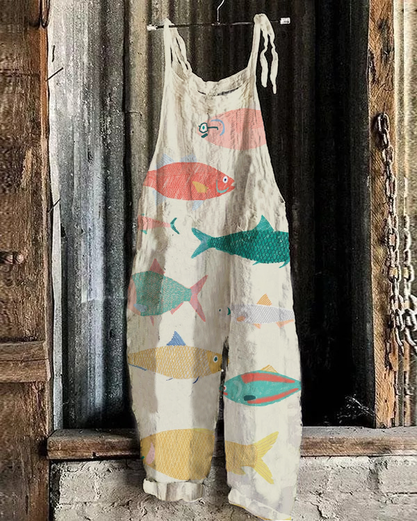Multicolor Sardine Japanese Art Linen Blend Jumpsuit 16ef