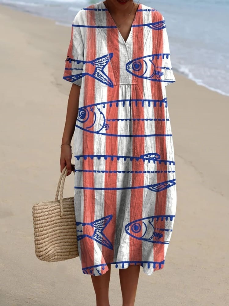 Women's Vintage Lovely Fish Art Print Flowy Dress 8030