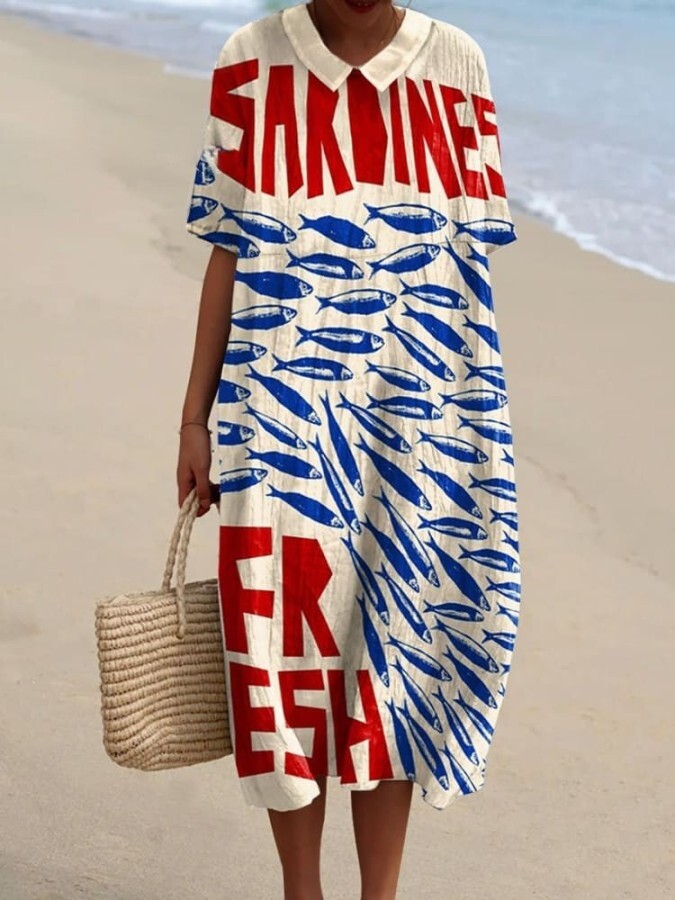 Women's Vintage Fish Art Print Flowy Dress 8bc6