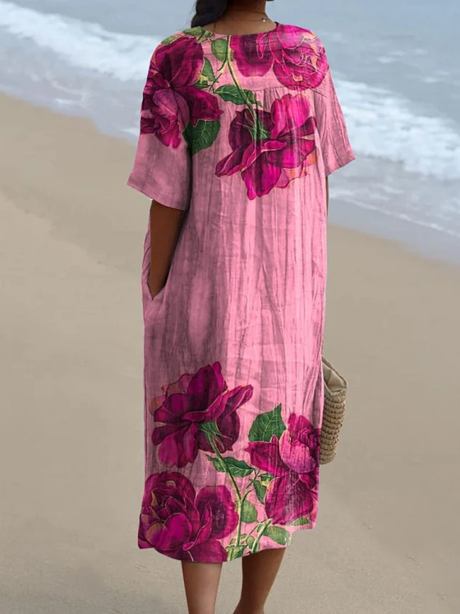 Large Rose Floral Art Printed Women's Flowy Dress 2693