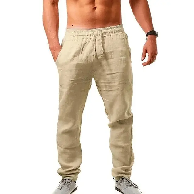 10 PACK-Men's Linen Pants Trousers Beach Pants Pocket Drawstring Elastic Waistband Plain Comfort Breathable Daily Stylish Hip Hop Light Khaki Black Micro-elastic