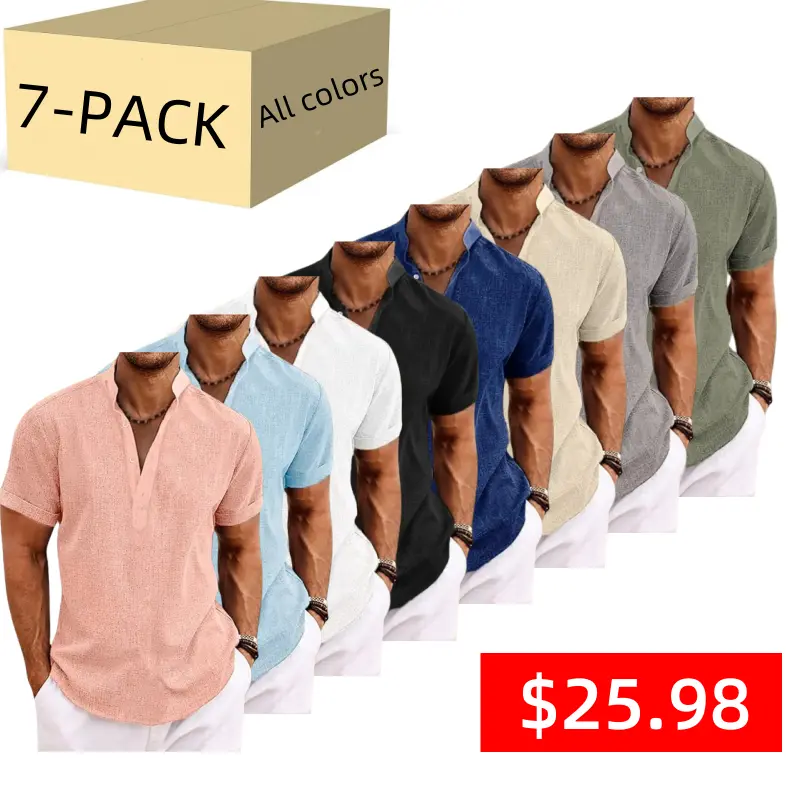 7 PACK-Men's Shirt Linen Shirt Popover Shirt Summer Shirt Beach Wear Black White Pink Green Short Sleeve Plain Henley Summer Casual Daily Clothing Apparel