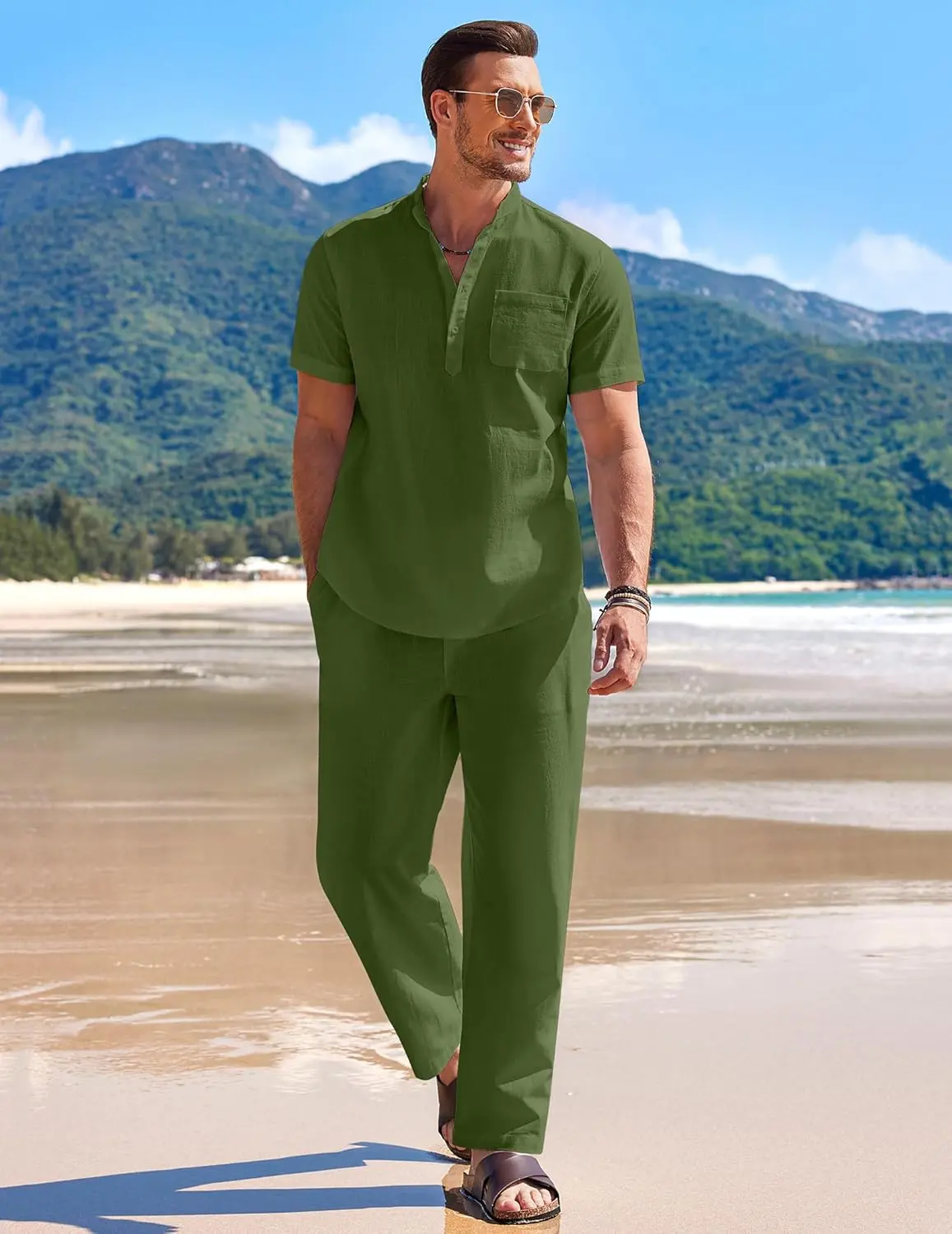 10 Pack-Men's 2 Pieces Cotton Linen Set Casual Short Sleeve Henley Shirts Beach Yoga Pants Summer Outfits