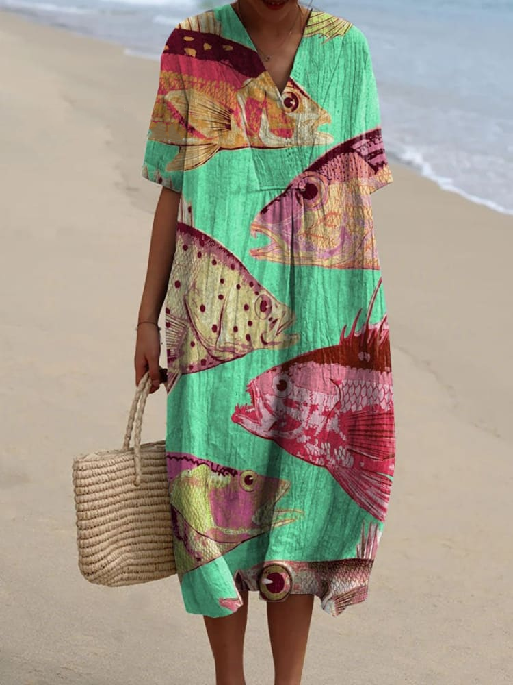 Women's Vintage Lovely Fish Art Print Flowy Dress 1f57