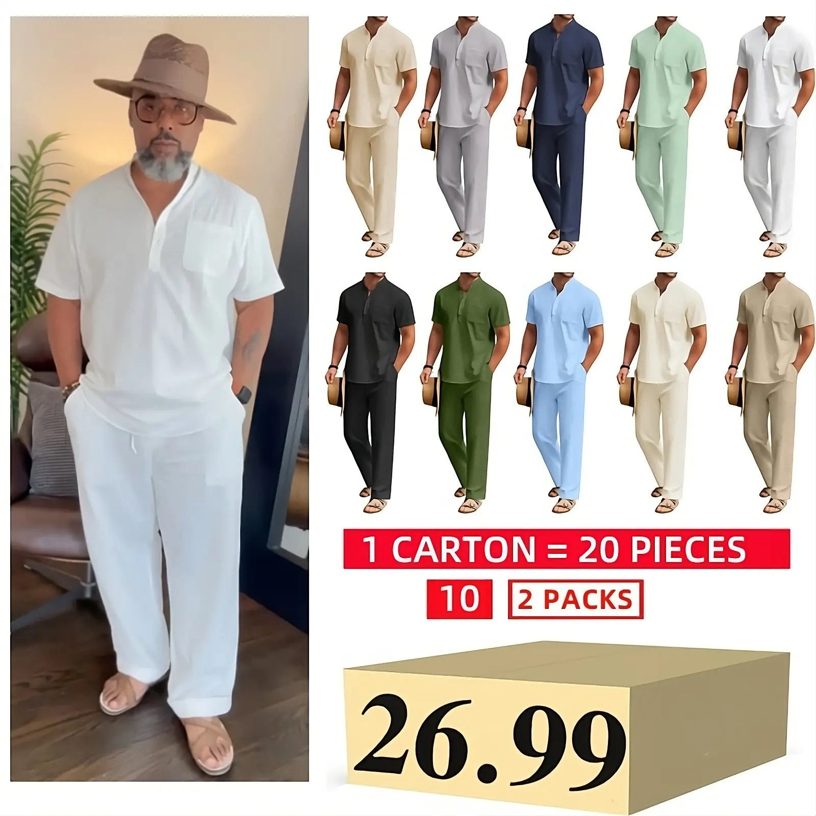 10 Pack-Men's 2 Pieces Cotton Linen Set Casual Short Sleeve Henley Shirts Beach Yoga Pants Summer Outfits