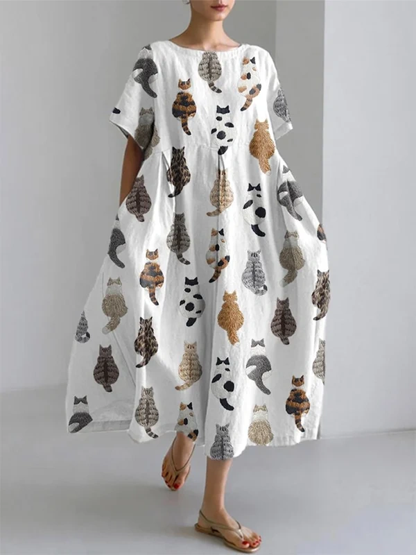 Women's Cute Cats Embroidery Print Short Sleeve Midi Dress 9a4a