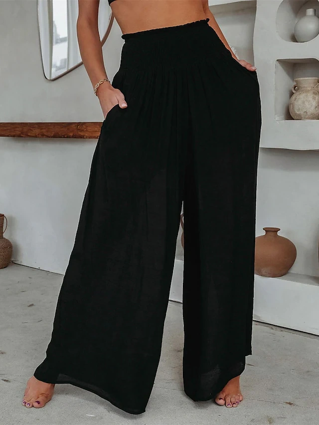 Women's Wide Leg Pants Trousers Pocket High Cut High Waist Full Length Black Fall a2b5