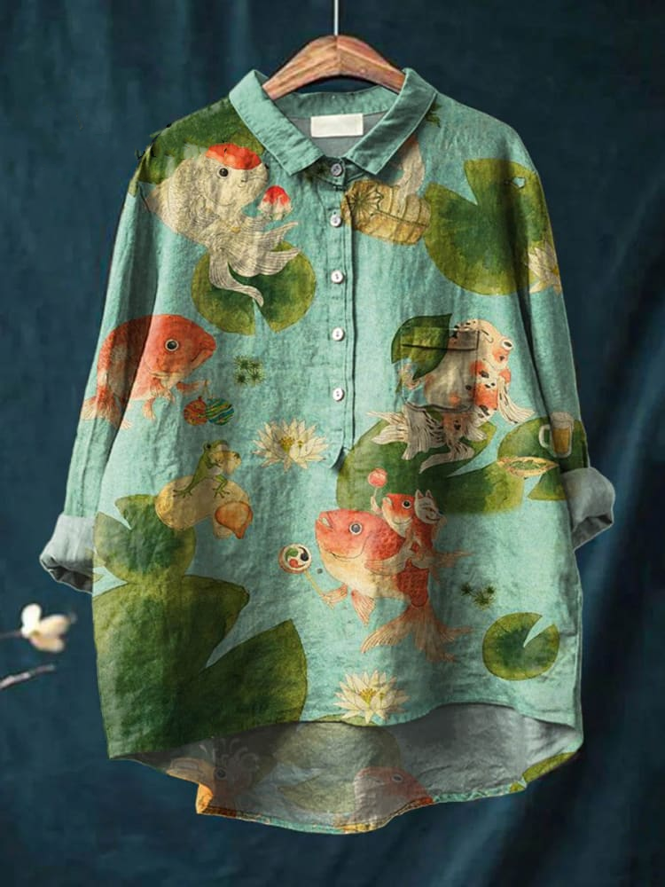 Vintage Lovely Fish Art Print Casual Cotton And Linen Shirt 2749
