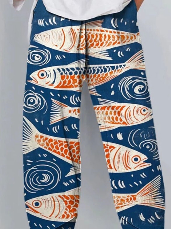 Women's Vintage Lovely Fish Art Printed Cotton And Linen Casual Pants be3d