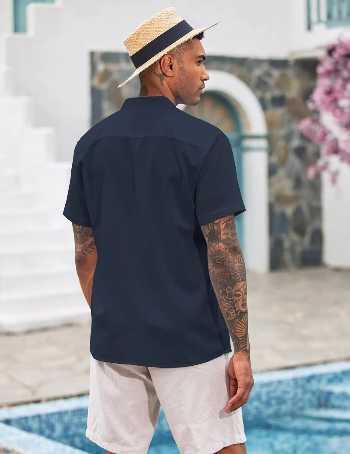 9 Pack-Men's Cuban Guayabera Shirt Cotton Linen Short Sleeve Button Down Shirts Casual Band Collar Summer Shirt