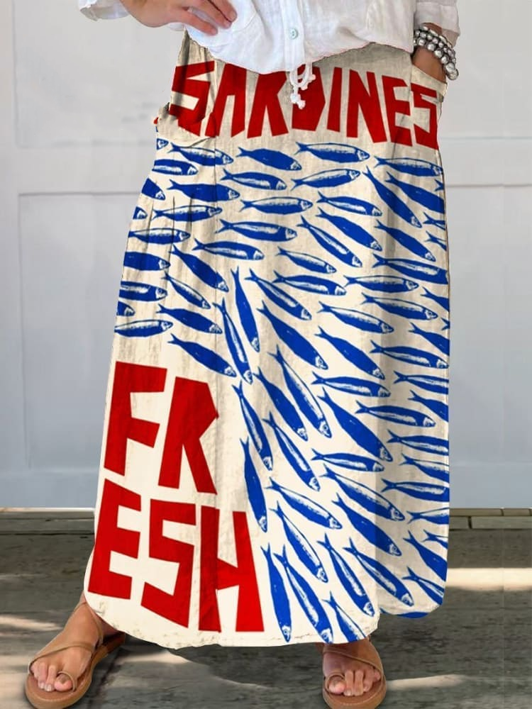 Women's Vintage Fish Sardine Art Print Cotton and Linen Skirt c909