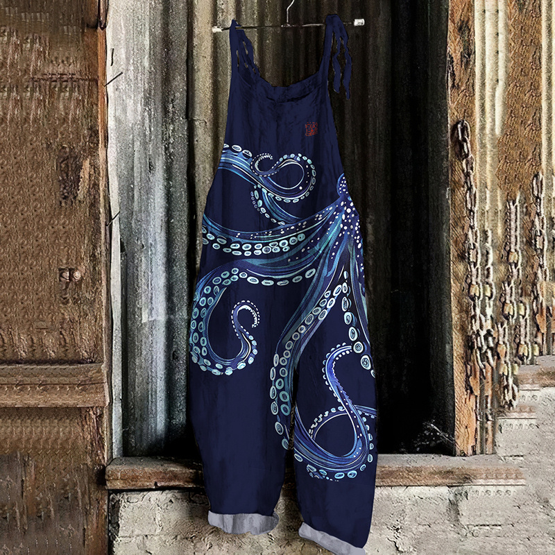 Japanese Art Octopus Print Casual Loose Jumpsuit db7c