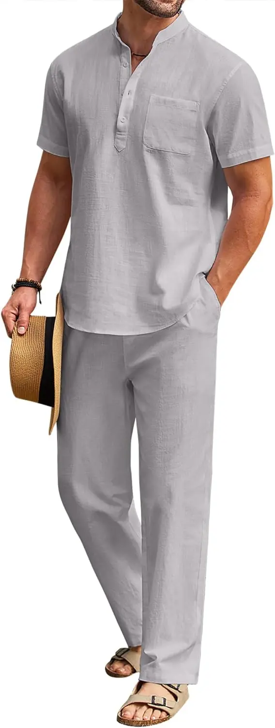 10 Pack-Men's 2 Pieces Cotton Linen Set Casual Short Sleeve Henley Shirts Beach Yoga Pants Summer Outfits