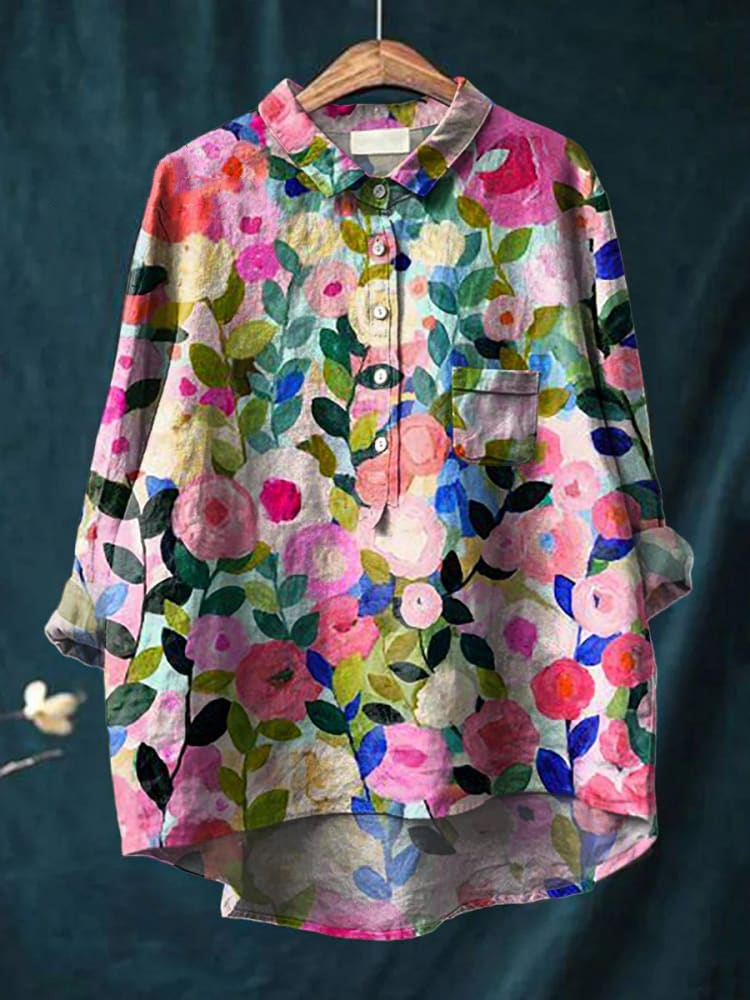 Colorful Spring Floral Garden Printed Women's Casual Cotton And Linen Shirt 872f