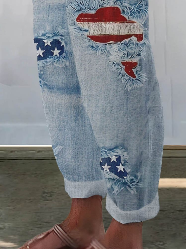Women's Independence Day Art Pattern Print Cotton And Linen Casual Pants 24e6