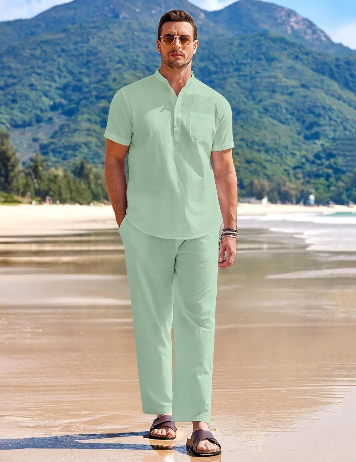 10 Pack-Men's 2 Pieces Cotton Linen Set Casual Short Sleeve Henley Shirts Beach Yoga Pants Summer Outfits