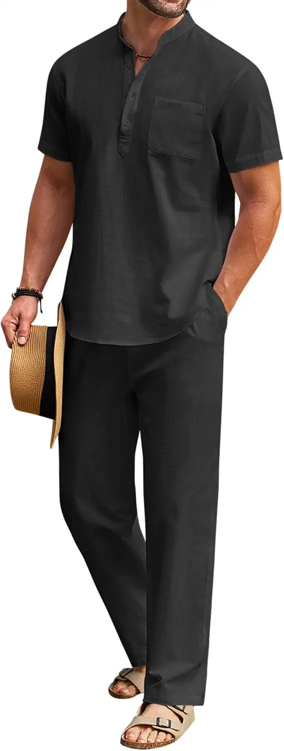 10 Pack-Men's 2 Pieces Cotton Linen Set Casual Short Sleeve Henley Shirts Beach Yoga Pants Summer Outfits