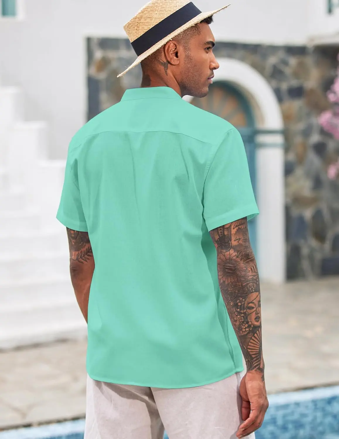 9 Pack-Men's Cuban Guayabera Shirt Cotton Linen Short Sleeve Button Down Shirts Casual Band Collar Summer Shirt