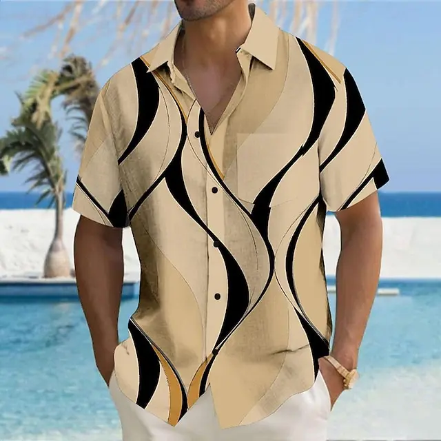 4 PACK-Geometric Lines / Waves Hawaiian Resort Men's Printed Shirts Party Causal Daily Summer Turndown Short Sleeve Black, White, Blue S, M, L Polyester Shirt