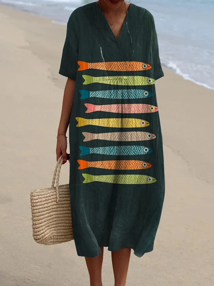 Women's Vintage Lovely Fish Art Print Flowy Dress 5534