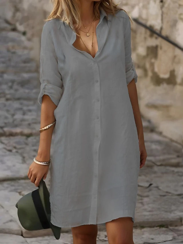 Women's Casual Linen Dress Button-Down Shirt Collar 3/4 Long Sleeve 2628