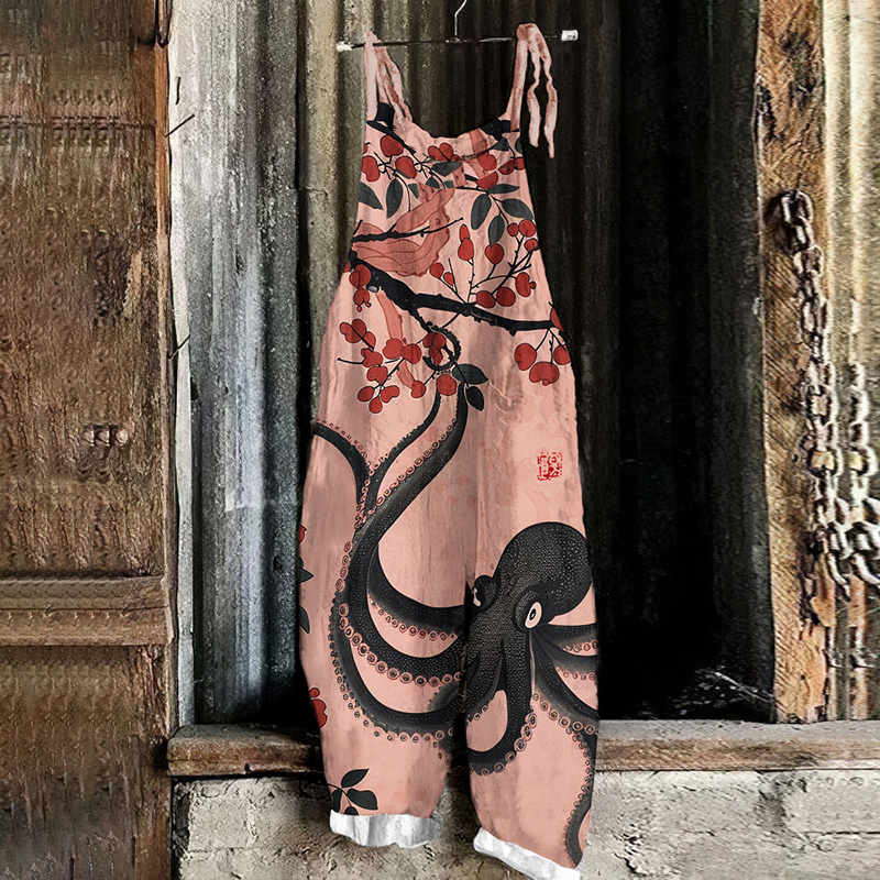 Vintage Octopus Blossom Art Print Loose Jumpsuit c18b