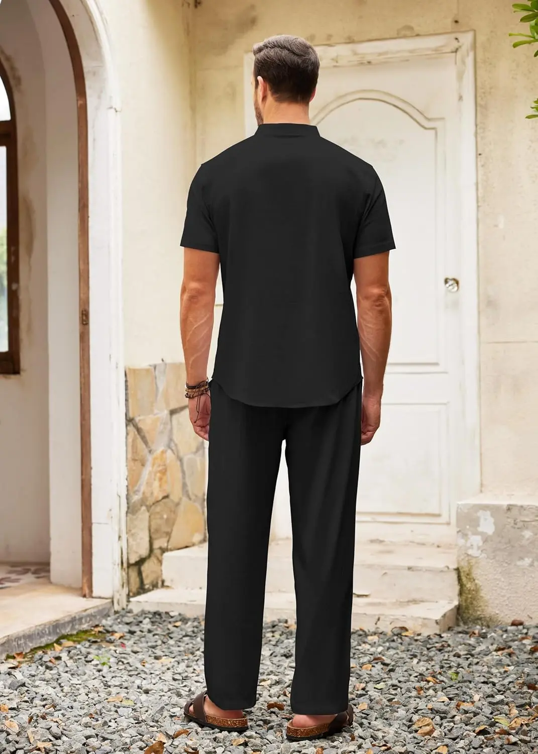 10 Pack-Men's 2 Pieces Cotton Linen Set Casual Short Sleeve Henley Shirts Beach Yoga Pants Summer Outfits