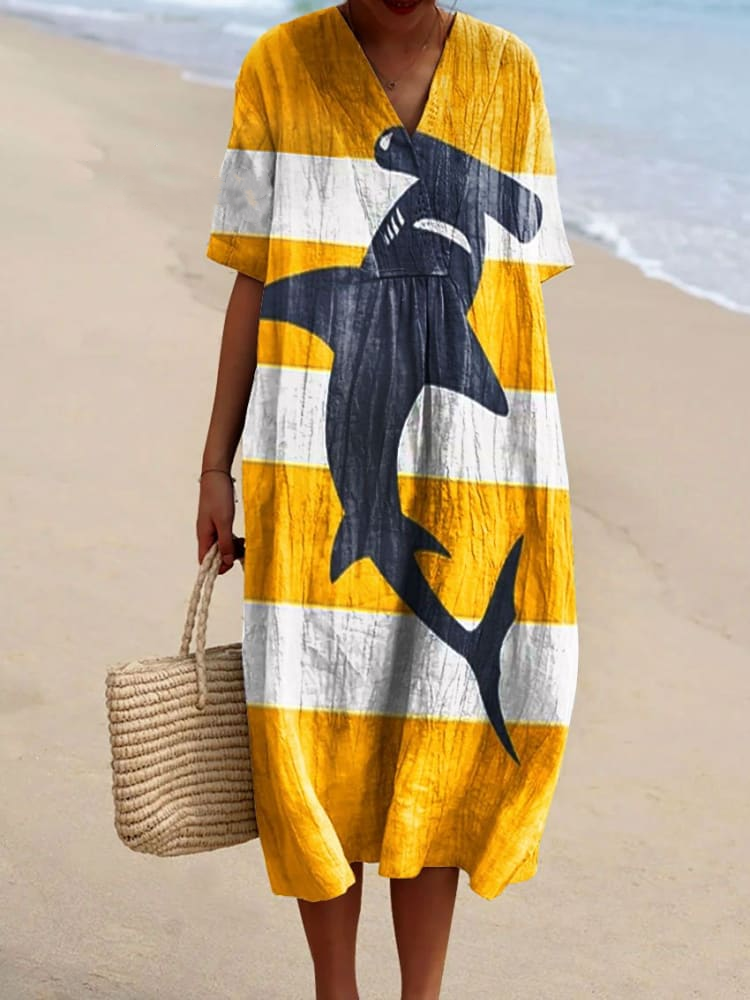 Women's Vintage Ocean Fish Sharks Art Print Flowy Dress 1f6c
