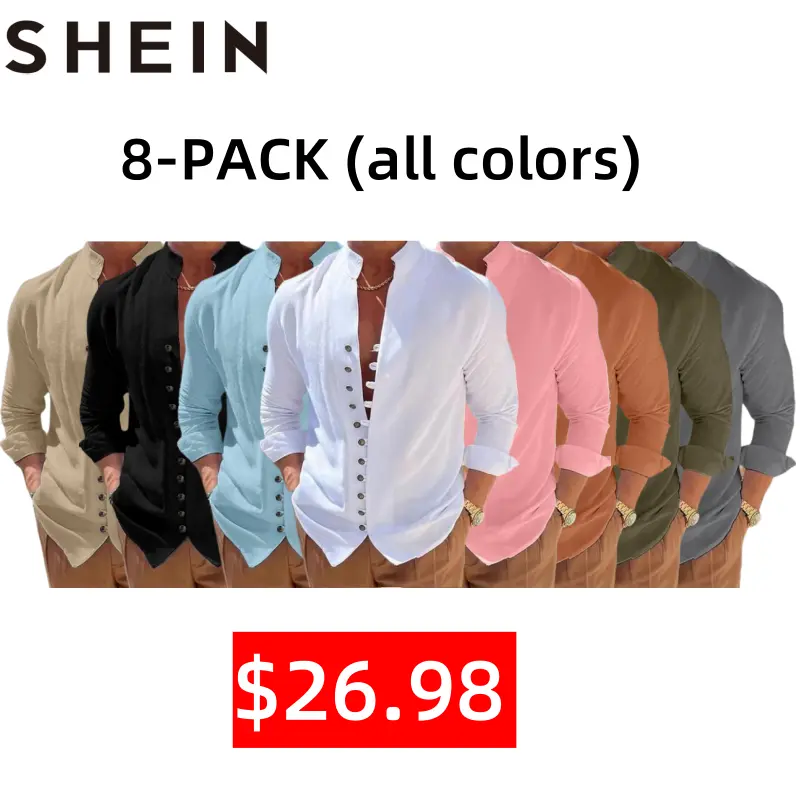 8 PACK-Men's Shirt Linen Shirt Summer Shirt Button Up Shirt Casual Shirt Black White Pink Blue Long Sleeve Plain Band Collar Summer Spring &  Fall Daily Vacation Clothing Apparel