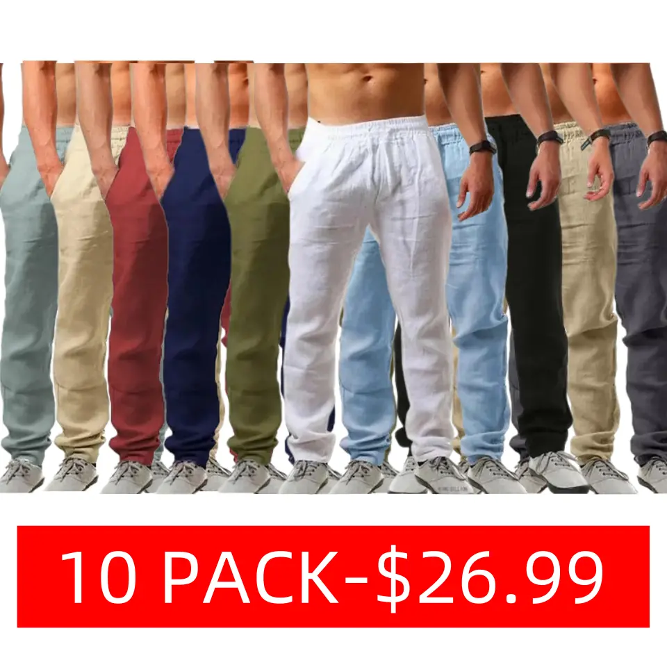 10 PACK-Men's Linen Pants Trousers Beach Pants Pocket Drawstring Elastic Waistband Plain Comfort Breathable Daily Stylish Hip Hop Light Khaki Black Micro-elastic