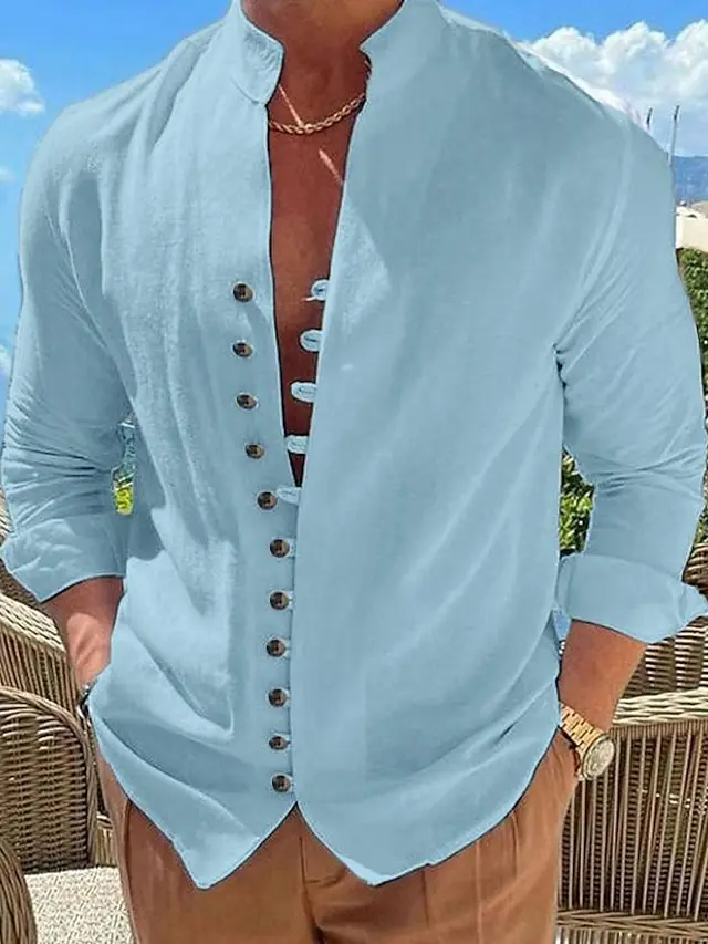 8 PACK-Men's Shirt Linen Shirt Summer Shirt Button Up Shirt Casual Shirt Black White Pink Blue Long Sleeve Plain Band Collar Summer Spring &  Fall Daily Vacation Clothing Apparel