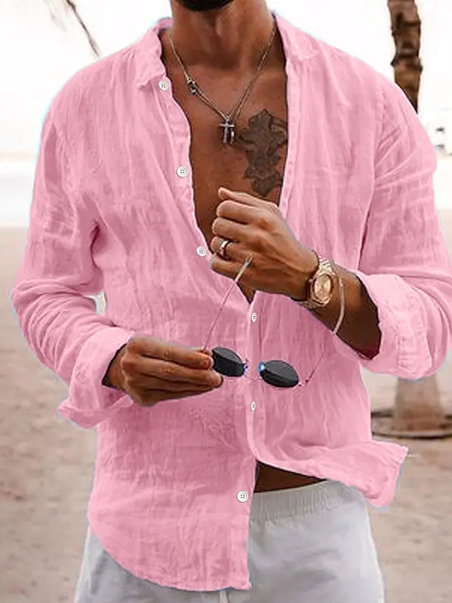 8 PACK-Men's Linen Shirt Summer Shirt Casual Shirt Beach Shirt Black White Pink Navy Blue Long Sleeve Plain Lapel Spring & Summer Hawaiian Holiday Clothing Apparel Basic