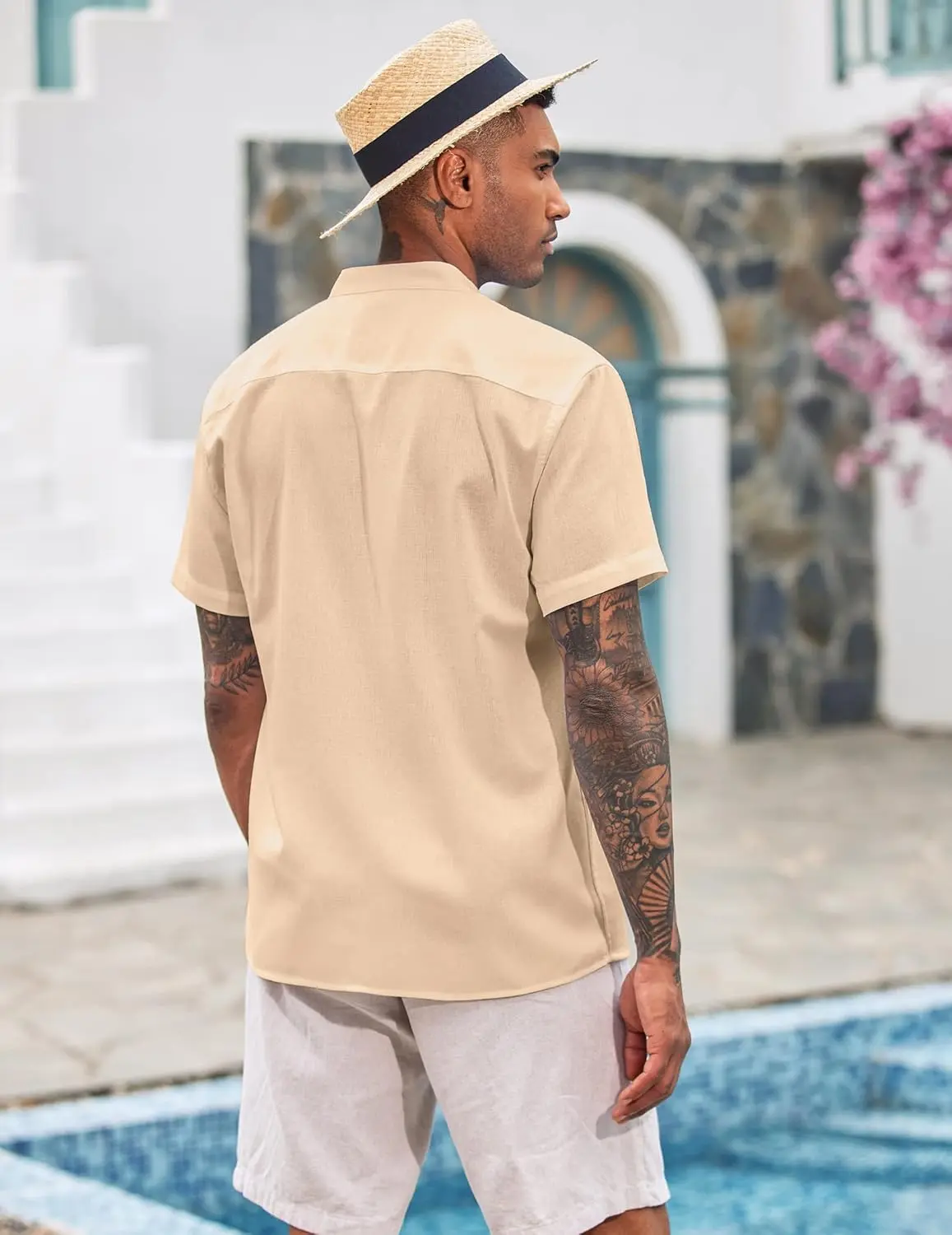 9 Pack-Men's Cuban Guayabera Shirt Cotton Linen Short Sleeve Button Down Shirts Casual Band Collar Summer Shirt