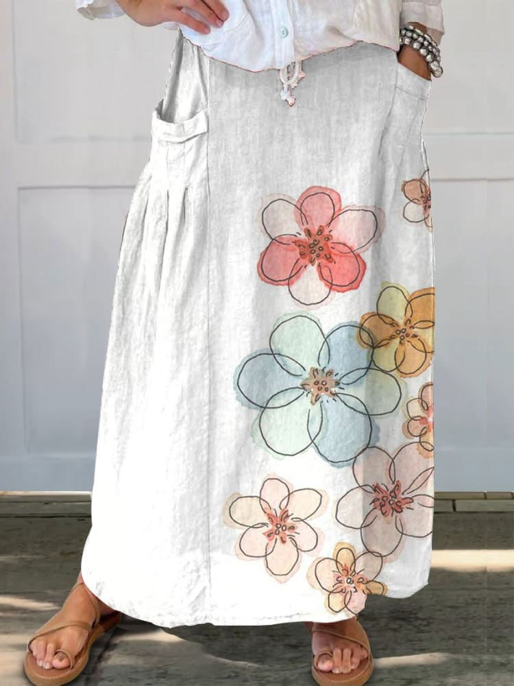Women's Floral Print Linen Pocket Skirt 8df1