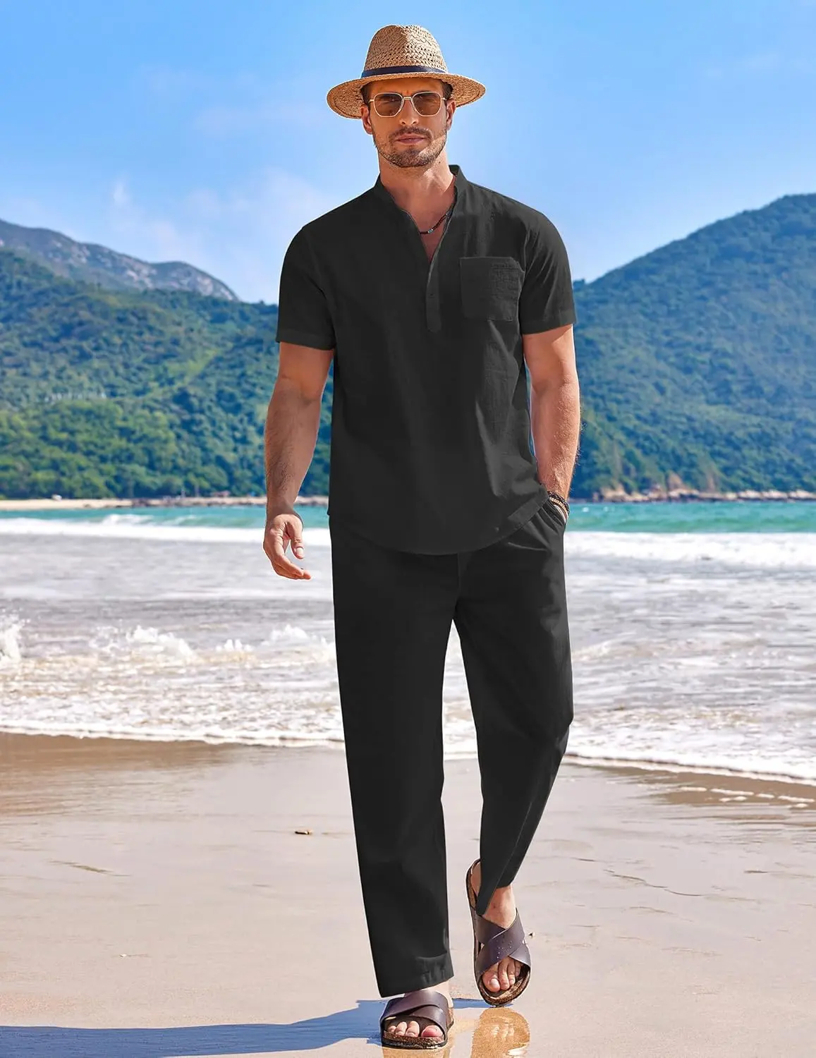 10 Pack-Men's 2 Pieces Cotton Linen Set Casual Short Sleeve Henley Shirts Beach Yoga Pants Summer Outfits