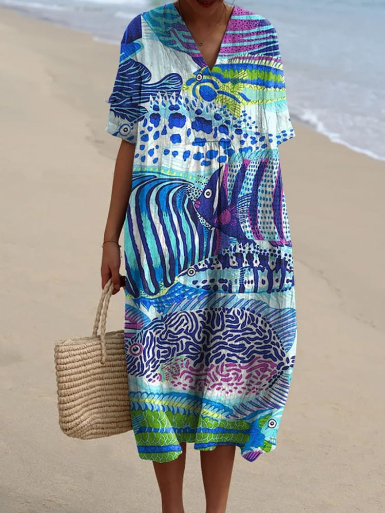 Women's Vintage Lovely Fish Art Print Flowy Dress c58c