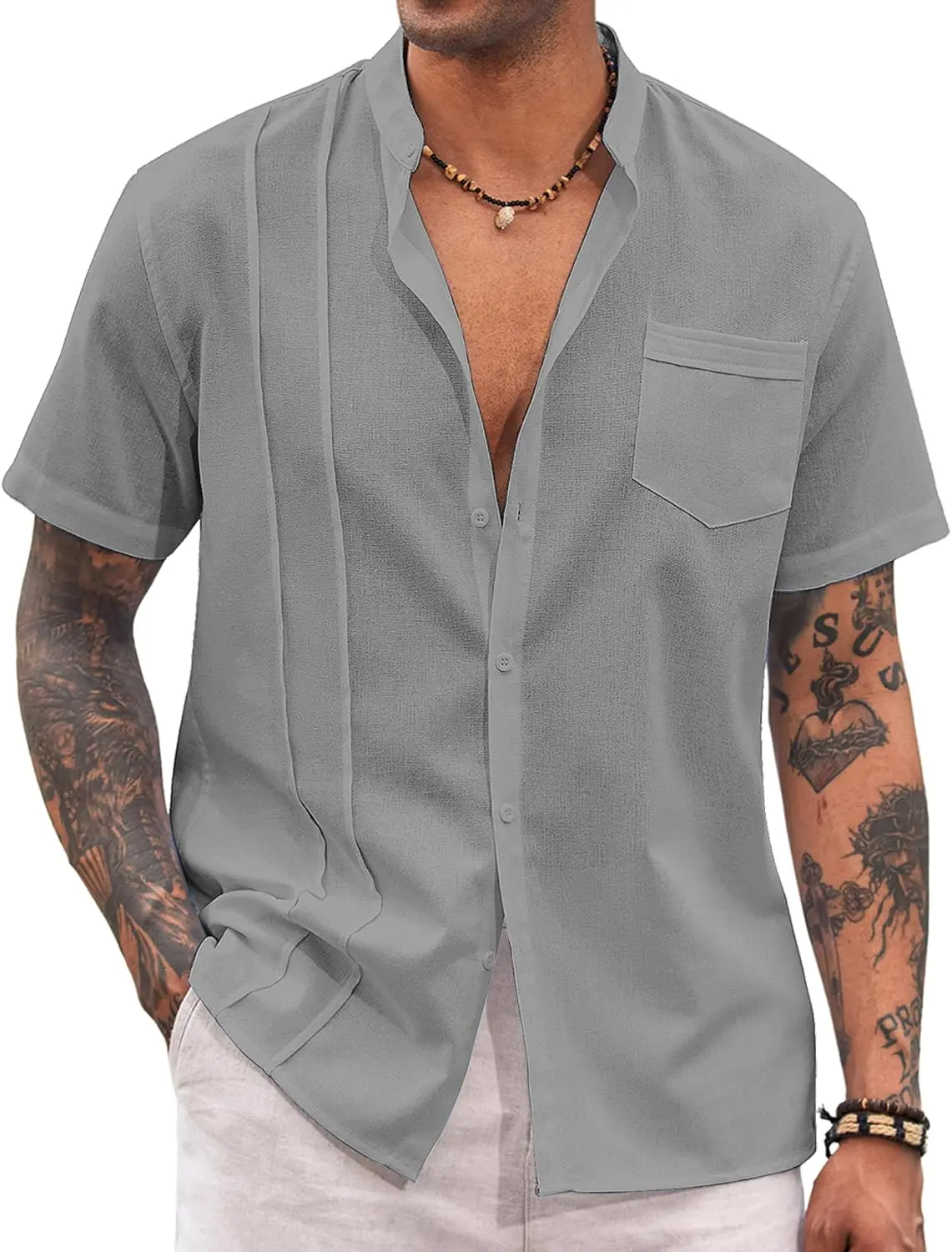 9 Pack-Men's Cuban Guayabera Shirt Cotton Linen Short Sleeve Button Down Shirts Casual Band Collar Summer Shirt