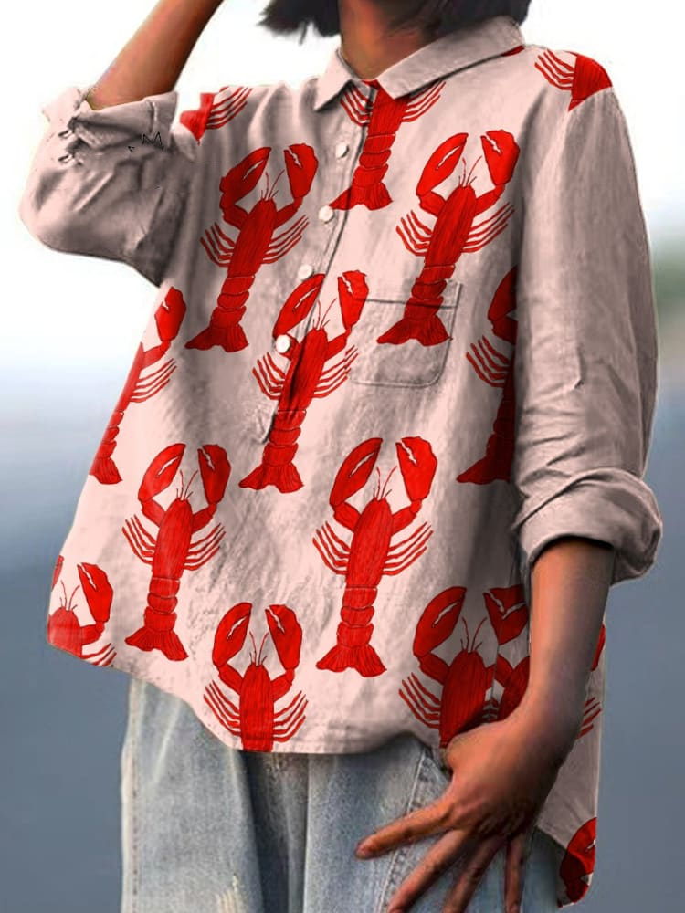 Decorative Pattern Of Red Lobsters Arranged On Pink Background Casual Cotton And Linen Shirt 4951