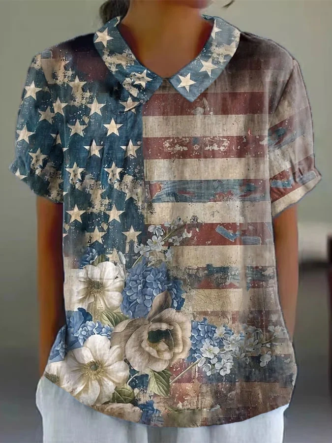 Women's Independence Day Retro American Flag Printed Casual Top a211