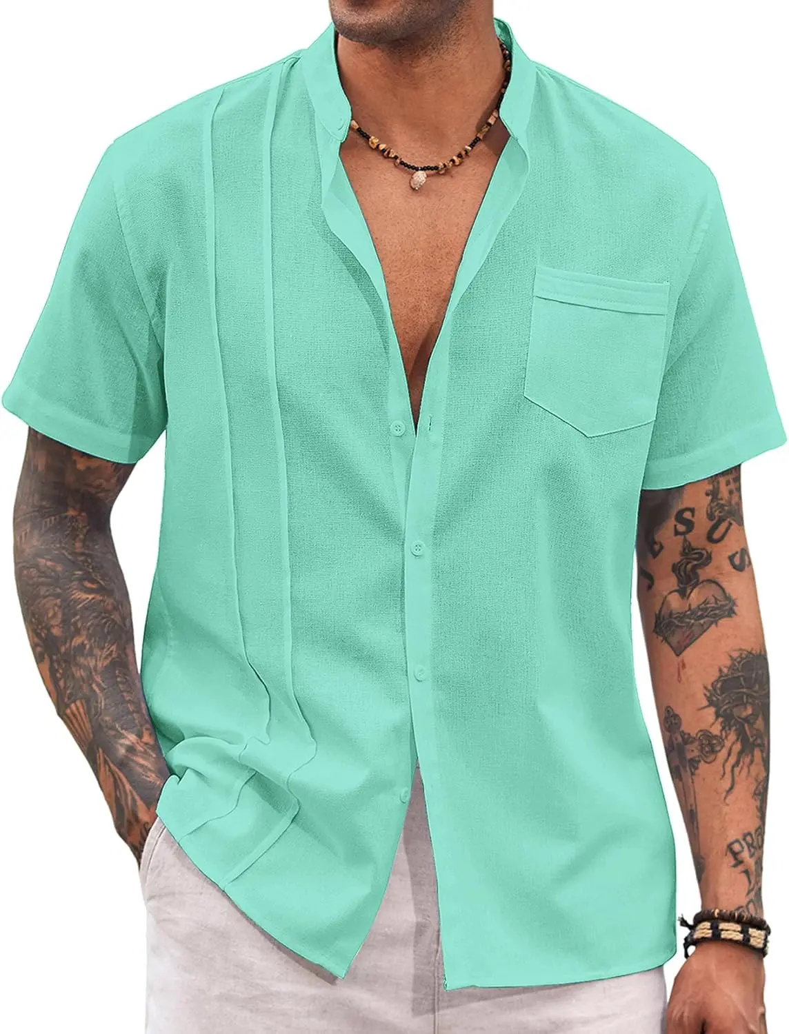 9 Pack-Men's Cuban Guayabera Shirt Cotton Linen Short Sleeve Button Down Shirts Casual Band Collar Summer Shirt