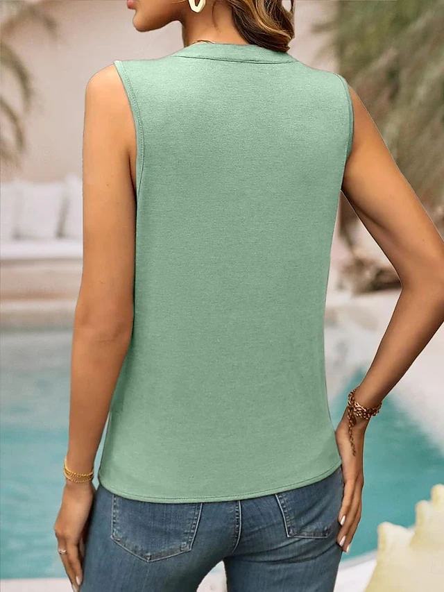 Women's Tank Top Vest Solid Color Pleated Daily Basic Sleeveless Notched Neck Black Summer f6f4