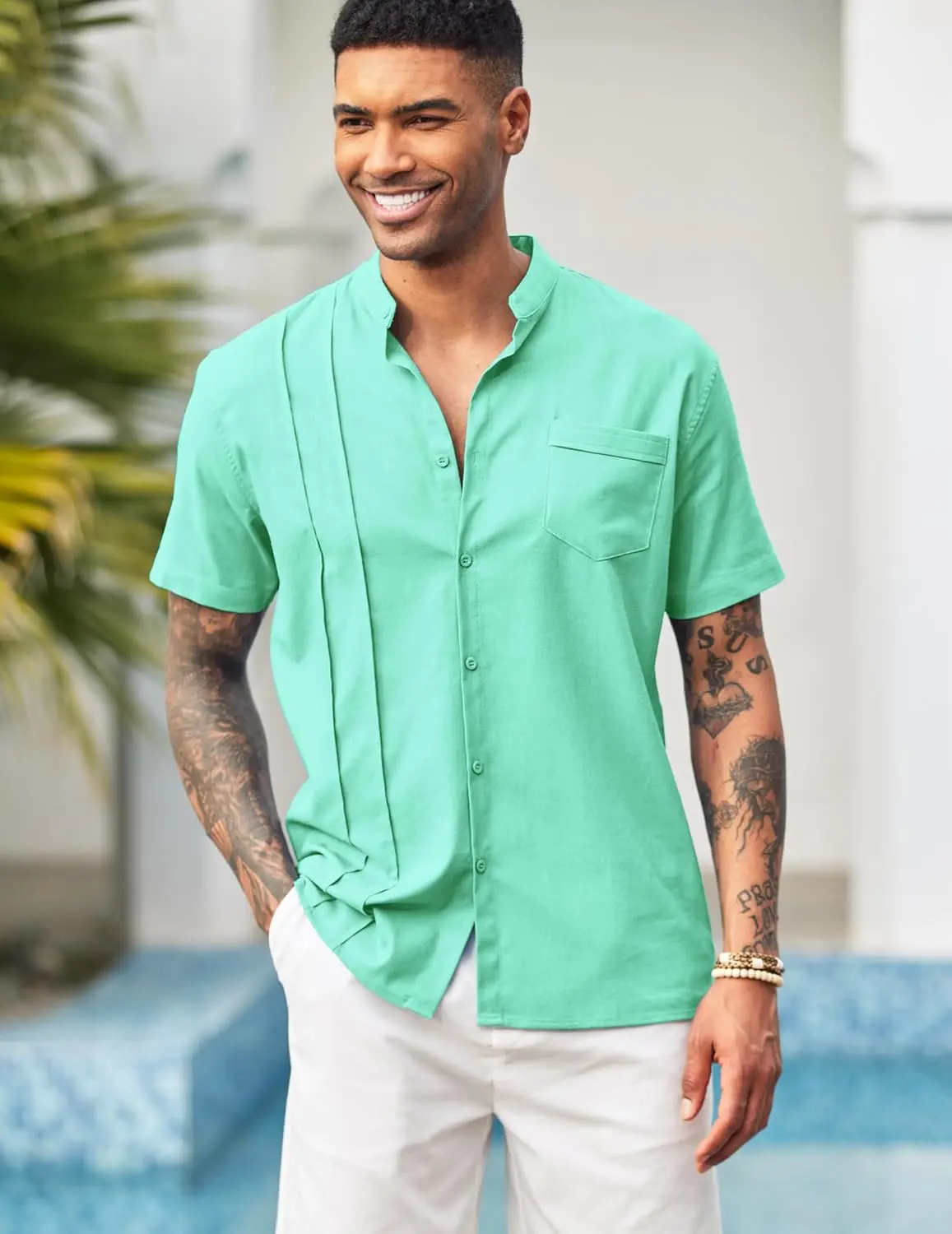 9 Pack-Men's Cuban Guayabera Shirt Cotton Linen Short Sleeve Button Down Shirts Casual Band Collar Summer Shirt