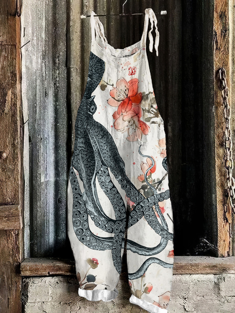 Vintage Japanese Art Octopus Floral Print Loose Jumpsuit 89a1
