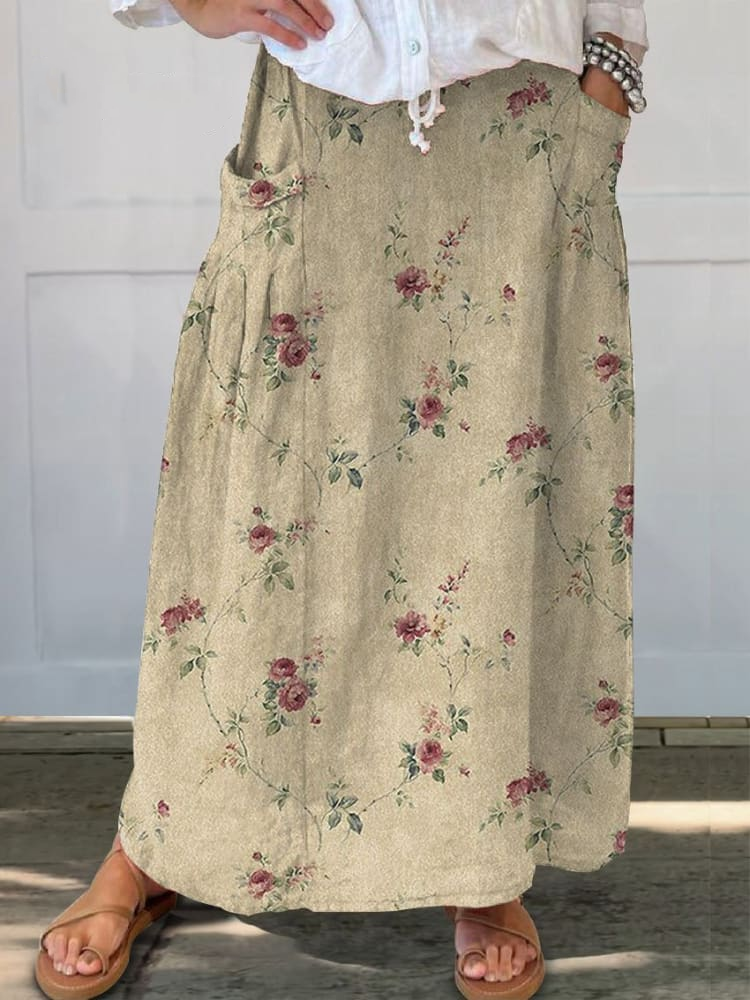 Women's Floral Print Linen Pocket Skirt 25b7