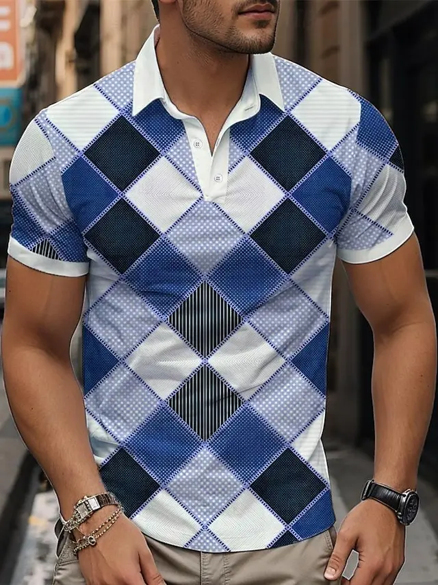 4 PACK-Plaid Checkered Men's Sportswear 3D Print Polo Shirt Formal Work Street Polyester Short Sleeve Turndown Polo Shirts Blue Green Spring & Summer S M L Micro-elastic Lapel Polo