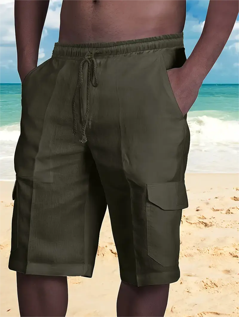 6 Pack-Men's Multi-pocket Linen Cargo Shorts - Comfort Fit with Adjustable Drawstring Waist, Versatile For Outdoor Adventures & Everyday Wear
